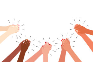 Female multicultural hands applaud. Women clap. Greetings, thanks, support. Vector illustration on white background.