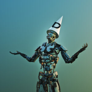 Robot wearing dunce hat stands with arms out